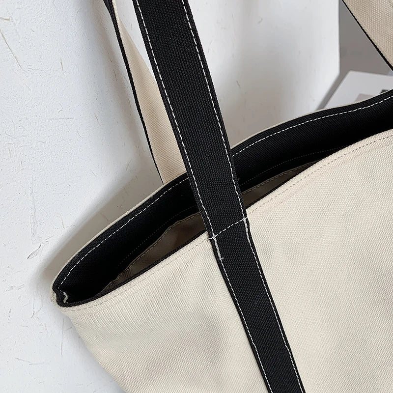 Simple Canvas Bag Women's Handbag Zipper Shoulder Bag 2022 Fashion Striped Strap Large Capacity Ladies Square Tote Shopping Bag