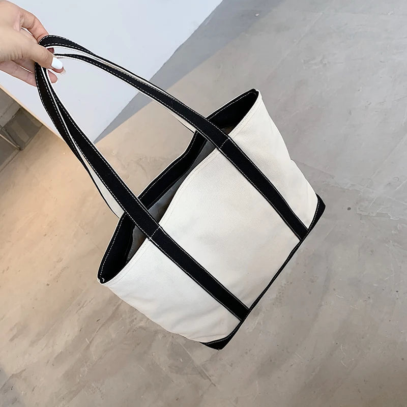 Simple Canvas Bag Women's Handbag Zipper Shoulder Bag 2022 Fashion Striped Strap Large Capacity Ladies Square Tote Shopping Bag
