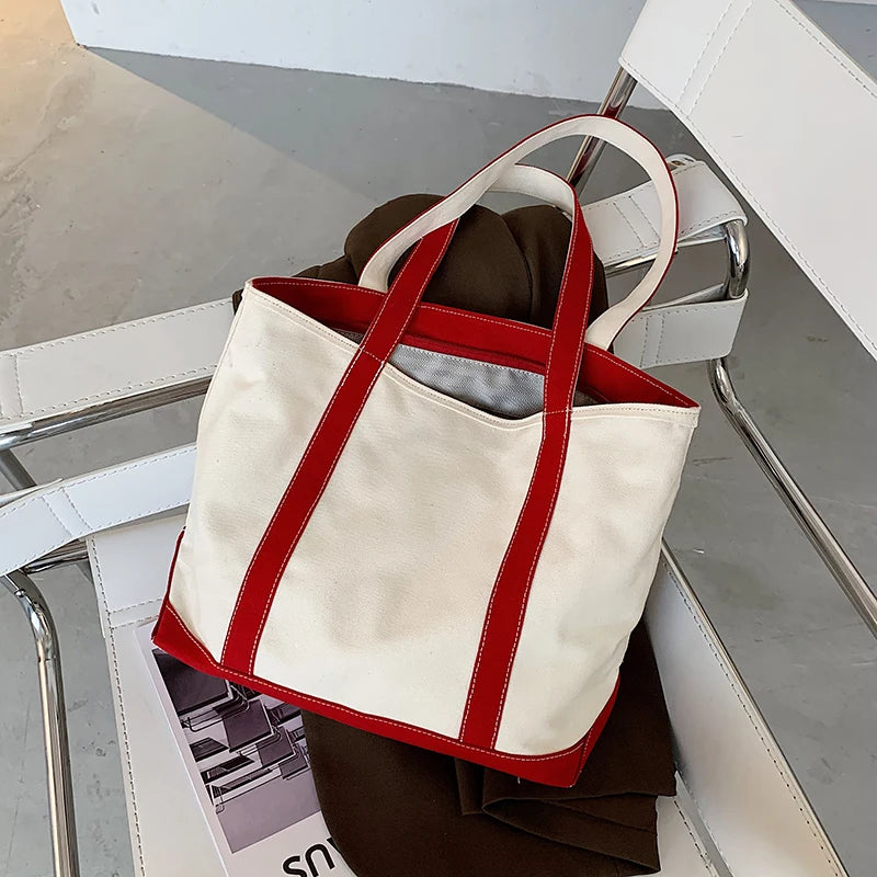 Simple Canvas Bag Women's Handbag Zipper Shoulder Bag 2022 Fashion Striped Strap Large Capacity Ladies Square Tote Shopping Bag