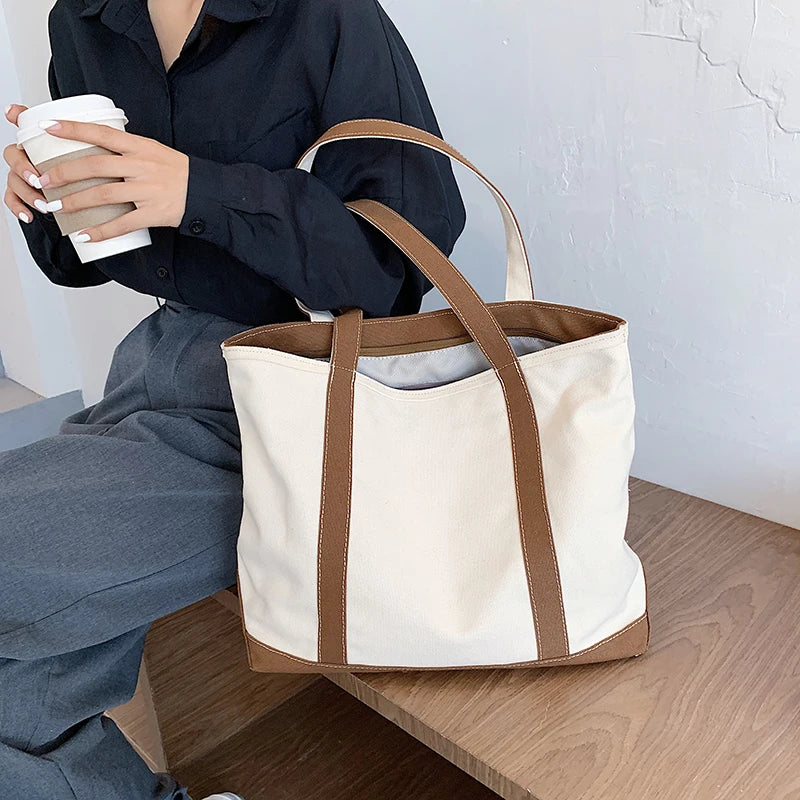 Simple Canvas Bag Women's Handbag Zipper Shoulder Bag 2022 Fashion Striped Strap Large Capacity Ladies Square Tote Shopping Bag