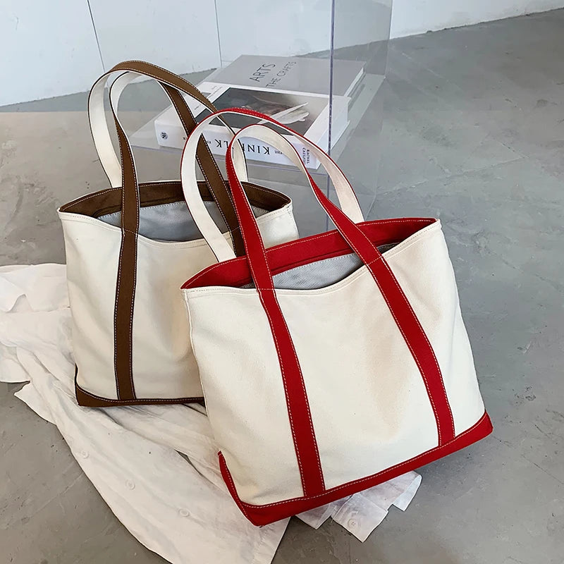 Simple Canvas Bag Women's Handbag Zipper Shoulder Bag 2022 Fashion Striped Strap Large Capacity Ladies Square Tote Shopping Bag
