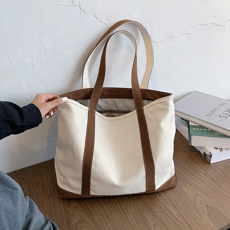 Simple Canvas Bag Women's Handbag Zipper Shoulder Bag 2022 Fashion Striped Strap Large Capacity Ladies Square Tote Shopping Bag