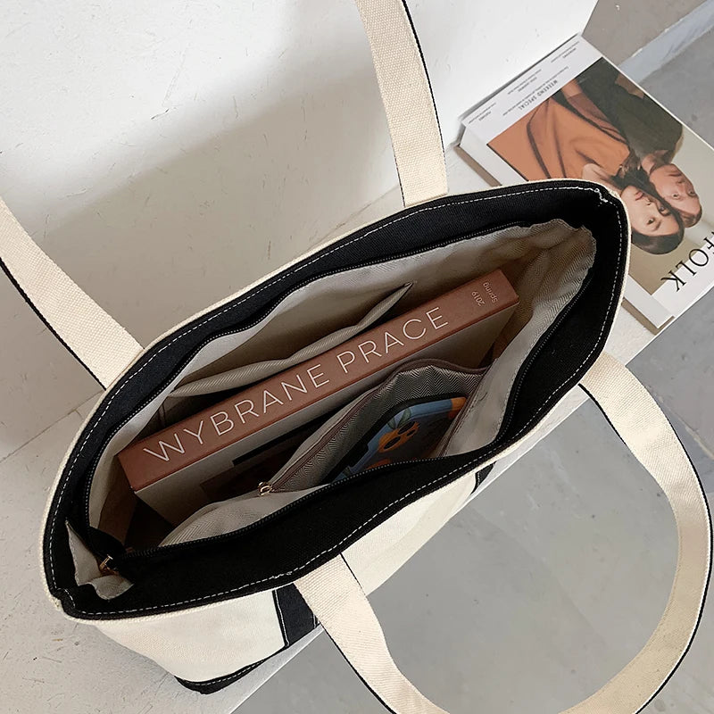 Simple Canvas Bag Women's Handbag Zipper Shoulder Bag 2022 Fashion Striped Strap Large Capacity Ladies Square Tote Shopping Bag