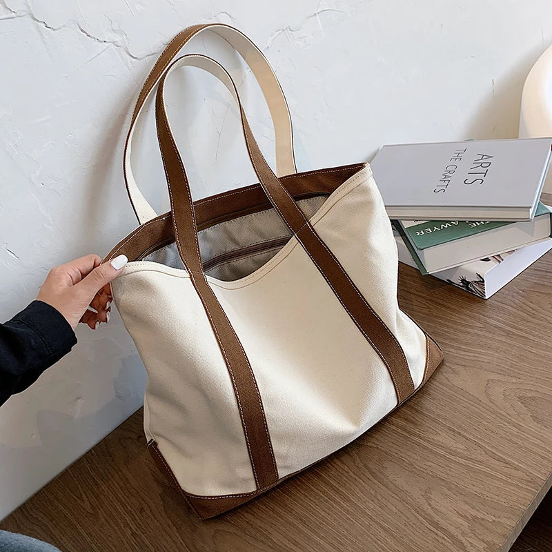 Simple Canvas Bag Women's Handbag Zipper Shoulder Bag 2022 Fashion Striped Strap Large Capacity Ladies Square Tote Shopping Bag