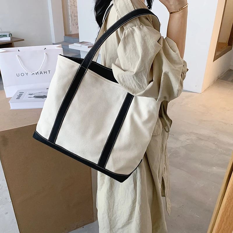 Simple Canvas Bag Women's Handbag Zipper Shoulder Bag 2022 Fashion Striped Strap Large Capacity Ladies Square Tote Shopping Bag