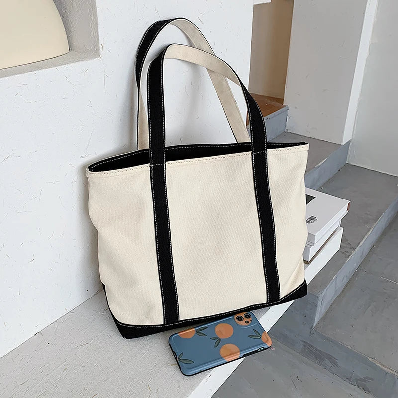Simple Canvas Bag Women's Handbag Zipper Shoulder Bag 2022 Fashion Striped Strap Large Capacity Ladies Square Tote Shopping Bag