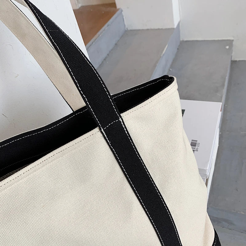 Simple Canvas Bag Women's Handbag Zipper Shoulder Bag 2022 Fashion Striped Strap Large Capacity Ladies Square Tote Shopping Bag