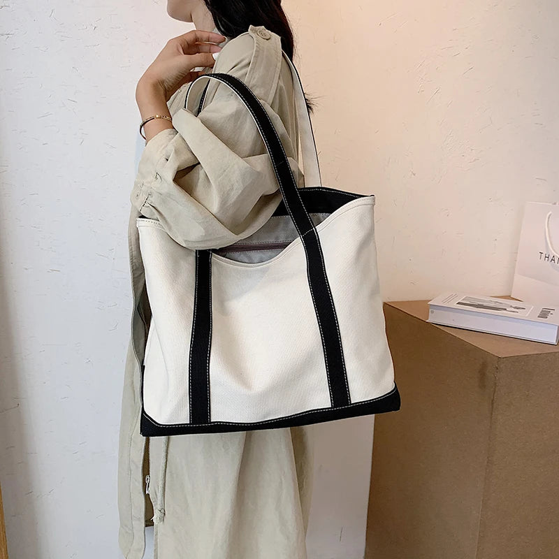 Simple Canvas Bag Women's Handbag Zipper Shoulder Bag 2022 Fashion Striped Strap Large Capacity Ladies Square Tote Shopping Bag