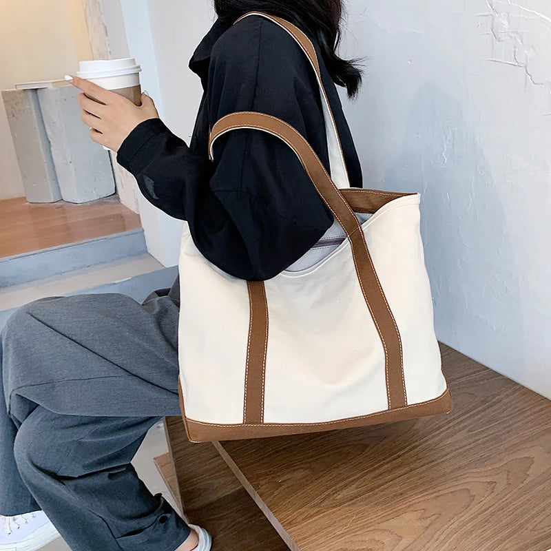 Simple Canvas Bag Women's Handbag Zipper Shoulder Bag 2022 Fashion Striped Strap Large Capacity Ladies Square Tote Shopping Bag