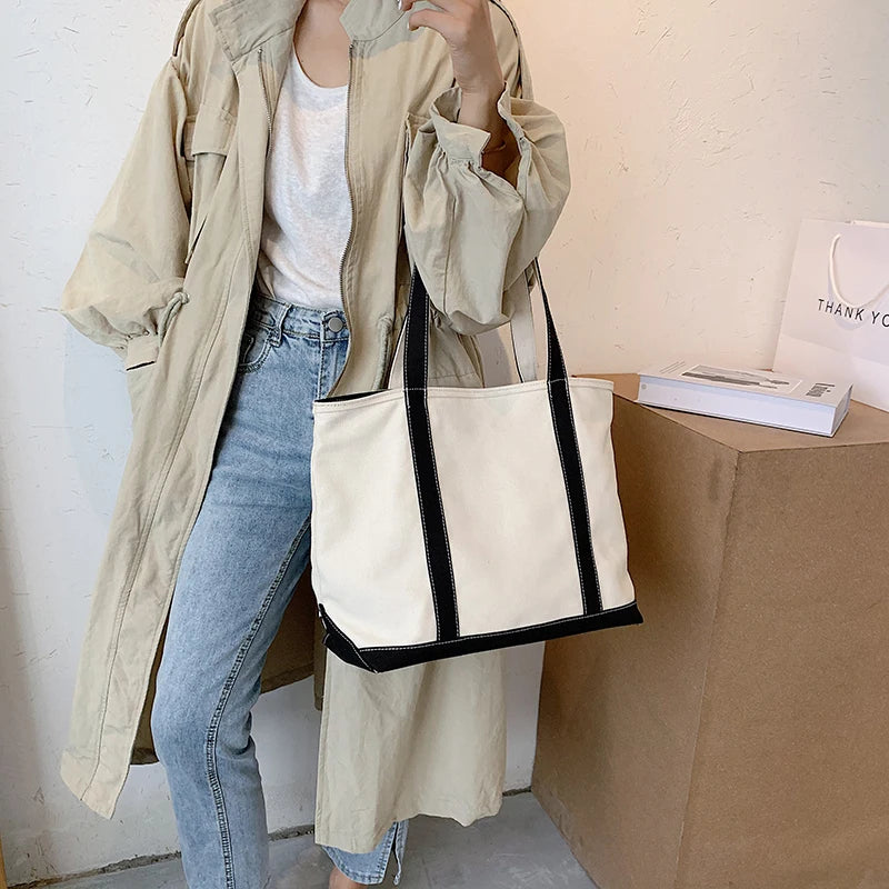 Simple Canvas Bag Women's Handbag Zipper Shoulder Bag 2022 Fashion Striped Strap Large Capacity Ladies Square Tote Shopping Bag