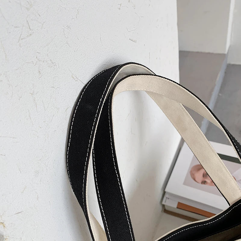 Simple Canvas Bag Women's Handbag Zipper Shoulder Bag 2022 Fashion Striped Strap Large Capacity Ladies Square Tote Shopping Bag