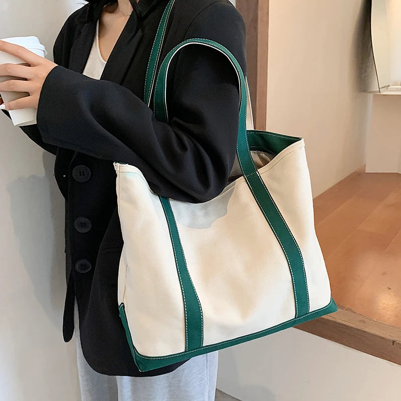 Simple Canvas Bag Women's Handbag Zipper Shoulder Bag 2022 Fashion Striped Strap Large Capacity Ladies Square Tote Shopping Bag