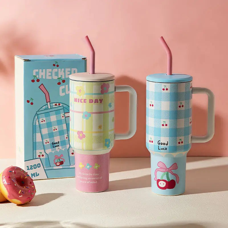 1200ml Hellokitty 304 Stainless Insulated Bottle Pink Blue Grid Coffee Cup Cold And Hot Tumbler Thermo Water Bottle Mug Gift