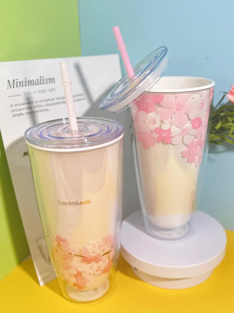 Summer Large Capaci St Cup Office Use Convenient Handheld Cherry Blossom Pattern Fre Girl Sle Lo N Lo Water Bottle