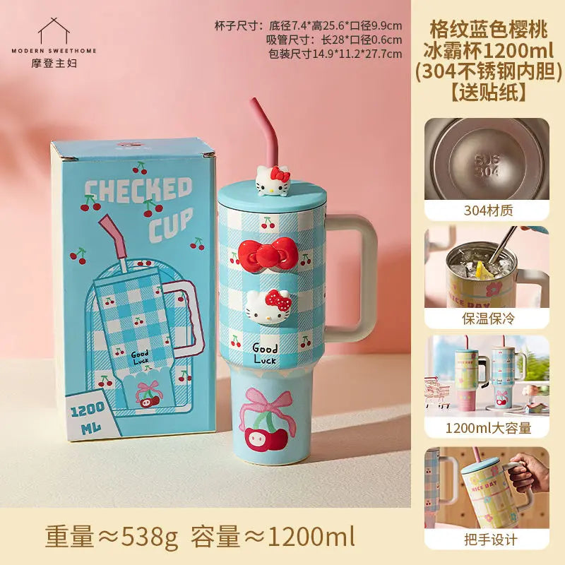 1200ml Hellokitty 304 Stainless Insulated Bottle Pink Blue Grid Coffee Cup Cold And Hot Tumbler Thermo Water Bottle Mug Gift