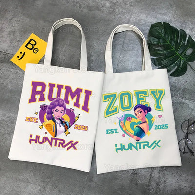 Kpop Demon Hunter Canvas Bag Women Girls Simple Large Capacity Demon Hunters Handbag Shoulder Bag Tote Reusable Student Bookbag