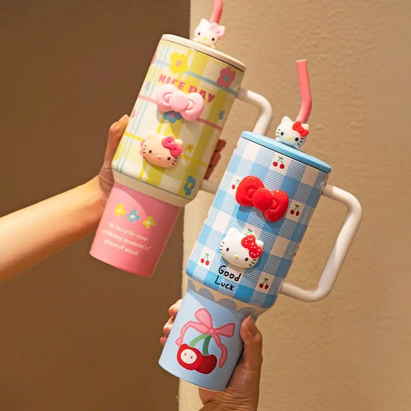 1200ml Hellokitty 304 Stainless Insulated Bottle Pink Blue Grid Coffee Cup Cold And Hot Tumbler Thermo Water Bottle Mug Gift