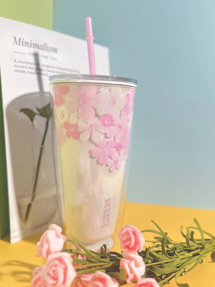 Summer Large Capaci St Cup Office Use Convenient Handheld Cherry Blossom Pattern Fre Girl Sle Lo N Lo Water Bottle