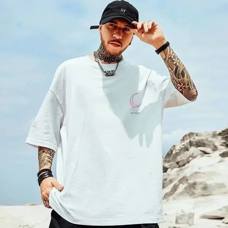 Men Oversized 8XL Tee Fashion T-shirt Loose American Vintage Pink Crescent Print Short Sleeve Versatile Trend Couple Outfit