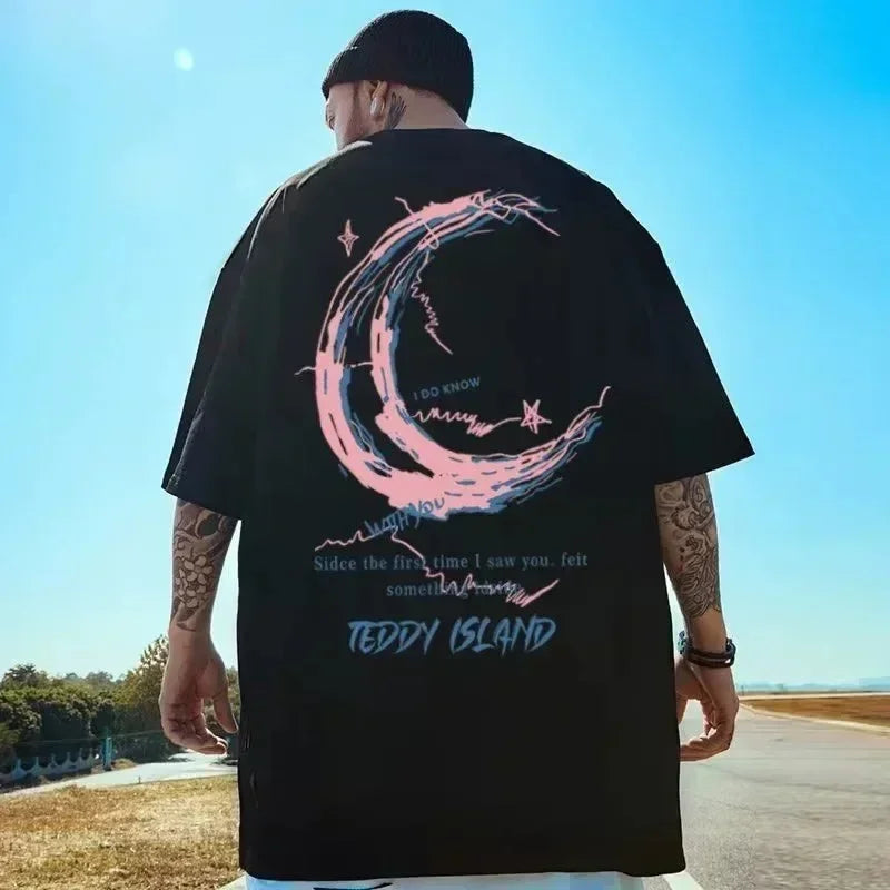 Men Oversized 8XL Tee Fashion T-shirt Loose American Vintage Pink Crescent Print Short Sleeve Versatile Trend Couple Outfit