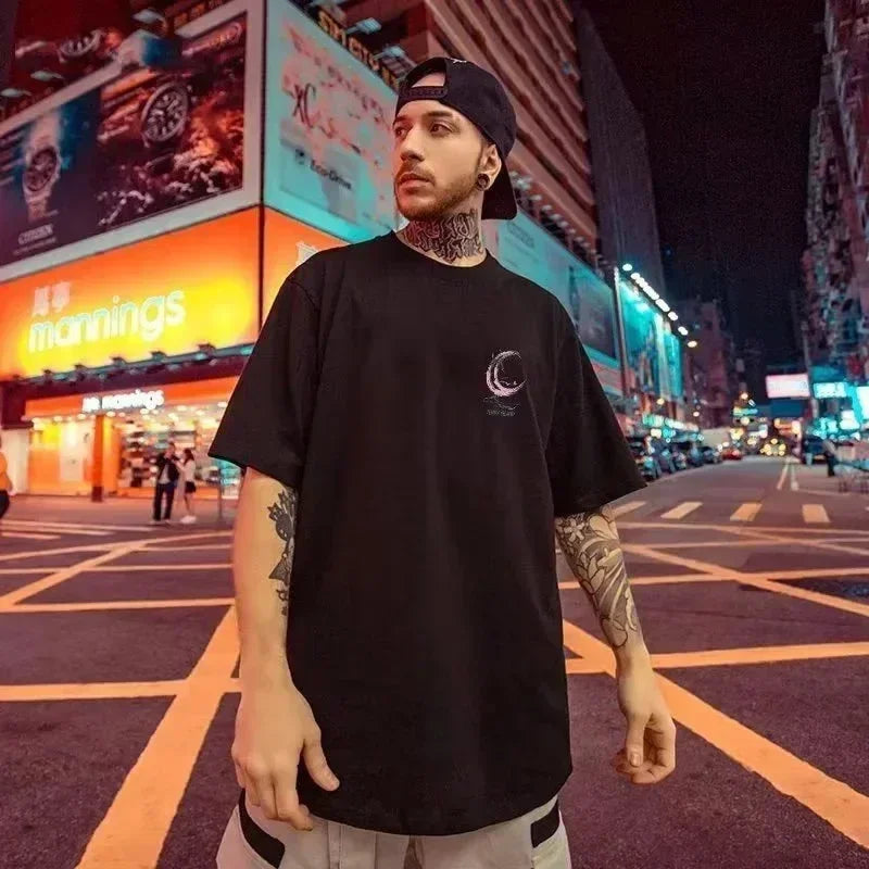 Men Oversized 8XL Tee Fashion T-shirt Loose American Vintage Pink Crescent Print Short Sleeve Versatile Trend Couple Outfit