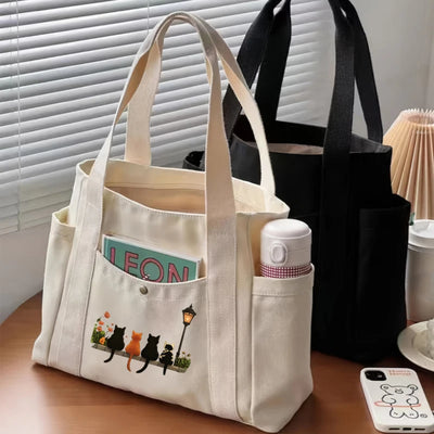Girls Women Graphic Tote Bag Large Capacity Cartoon Shoulder Cute Cat Shopper Handbags Shoulder Fashion Canvas Casual Shopping