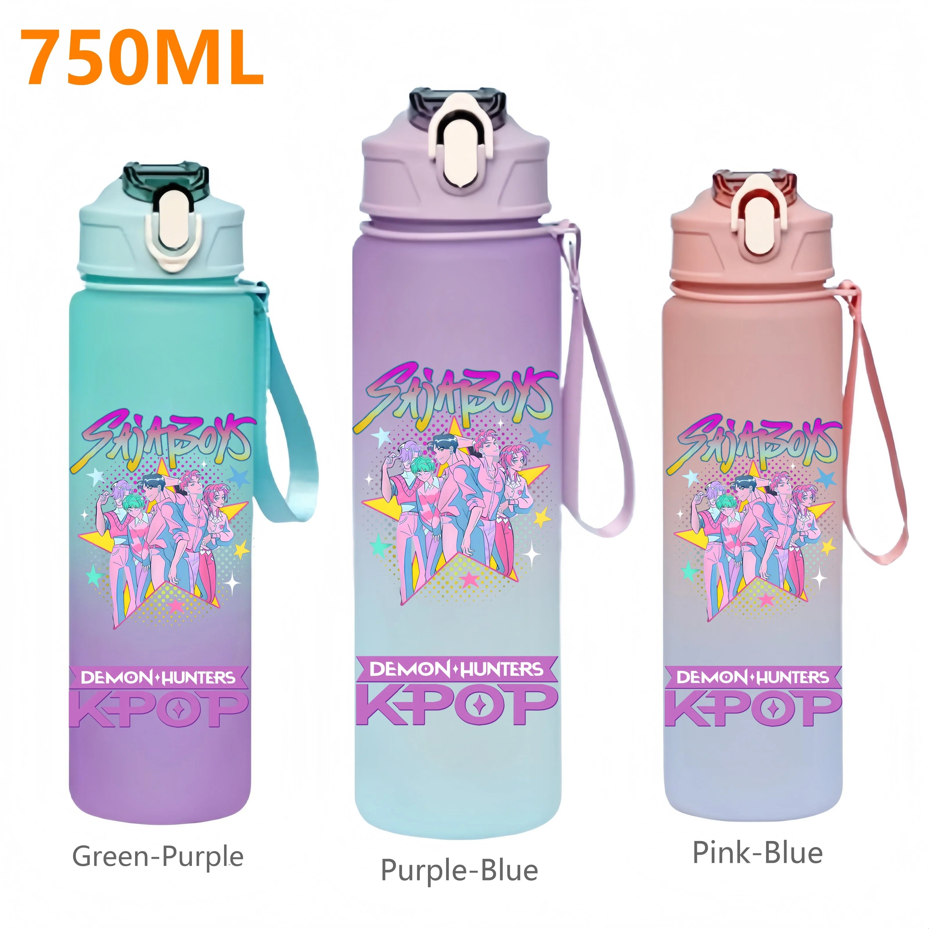 750ML KPop Demon Hunters Anime Sports Water Bottle Leak Proof Colorful Straw Cup Portable Outdoor Sport Fitness Drinking Bottle