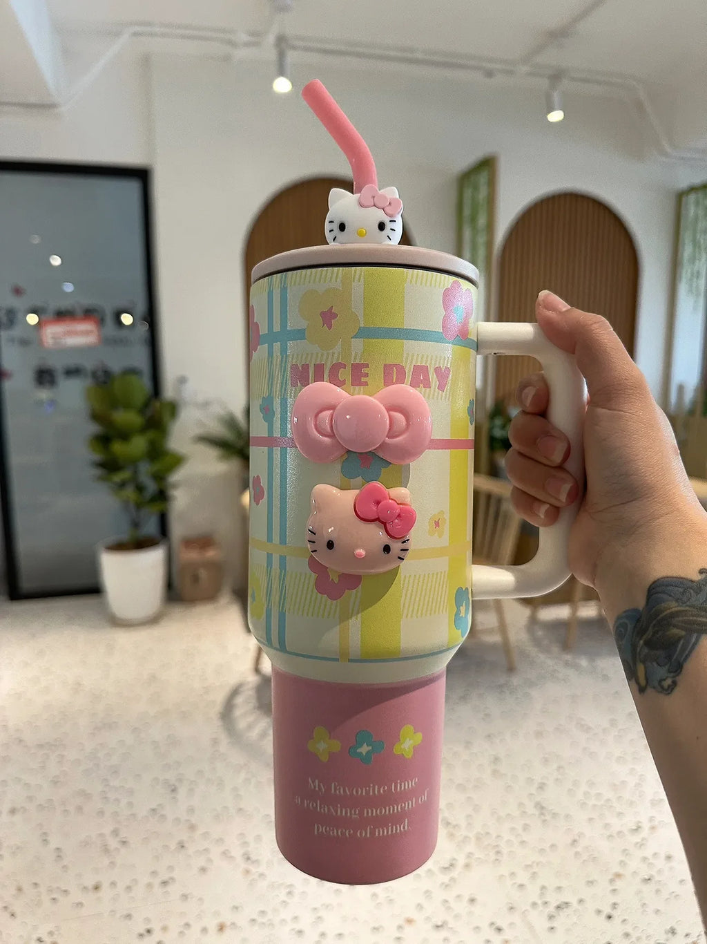 1200ml Hellokitty 304 Stainless Insulated Bottle Pink Blue Grid Coffee Cup Cold And Hot Tumbler Thermo Water Bottle Mug Gift