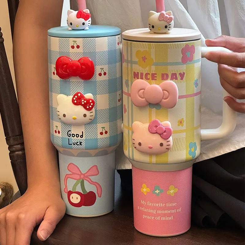 1200ml Hellokitty 304 Stainless Insulated Bottle Pink Blue Grid Coffee Cup Cold And Hot Tumbler Thermo Water Bottle Mug Gift
