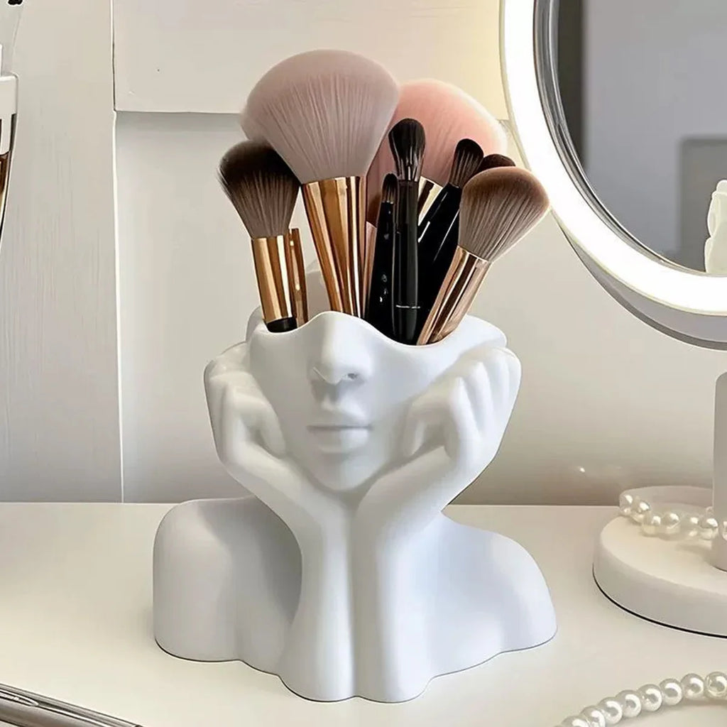 Makeup Brush Holder,Human Face Art Desktop Decoration,Vase,Compatible with Makeup,Eyebrow Pencils,Home Organizer,Plastic Material