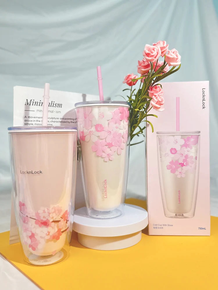 Summer Large Capaci St Cup Office Use Convenient Handheld Cherry Blossom Pattern Fre Girl Sle Lo N Lo Water Bottle
