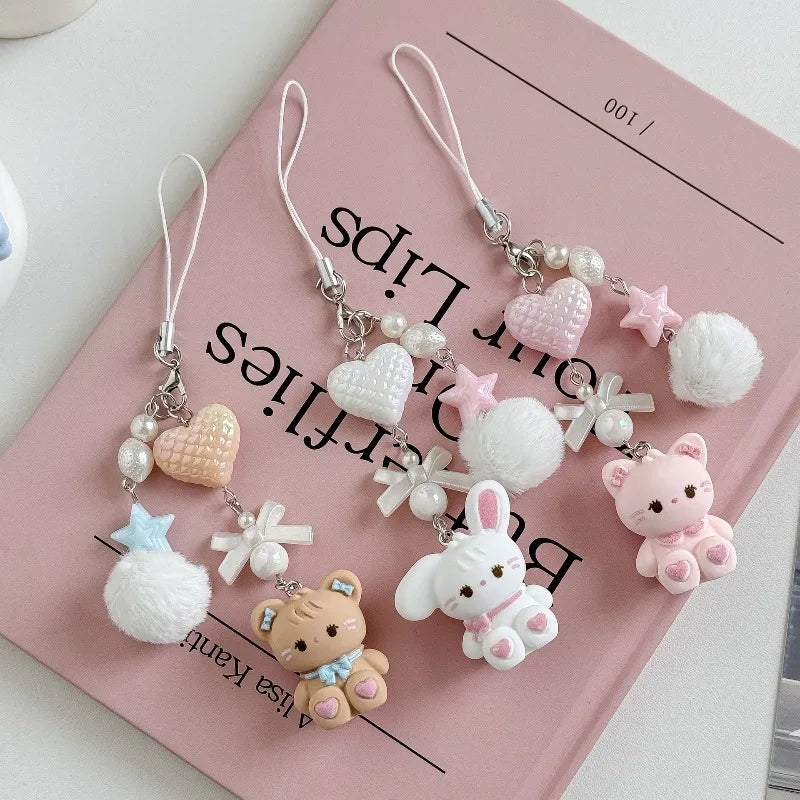 Cute cartoon bag pendant, little rabbit phone chain, heart-shaped CCD camera lanyard, furry ball keychain, anti loss pendant