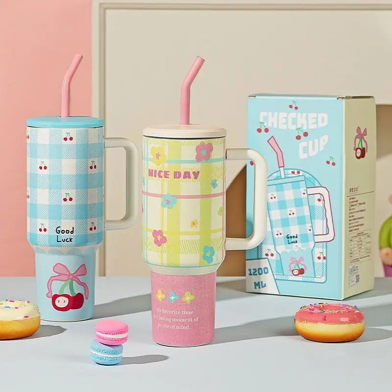 1200ml Hellokitty 304 Stainless Insulated Bottle Pink Blue Grid Coffee Cup Cold And Hot Tumbler Thermo Water Bottle Mug Gift