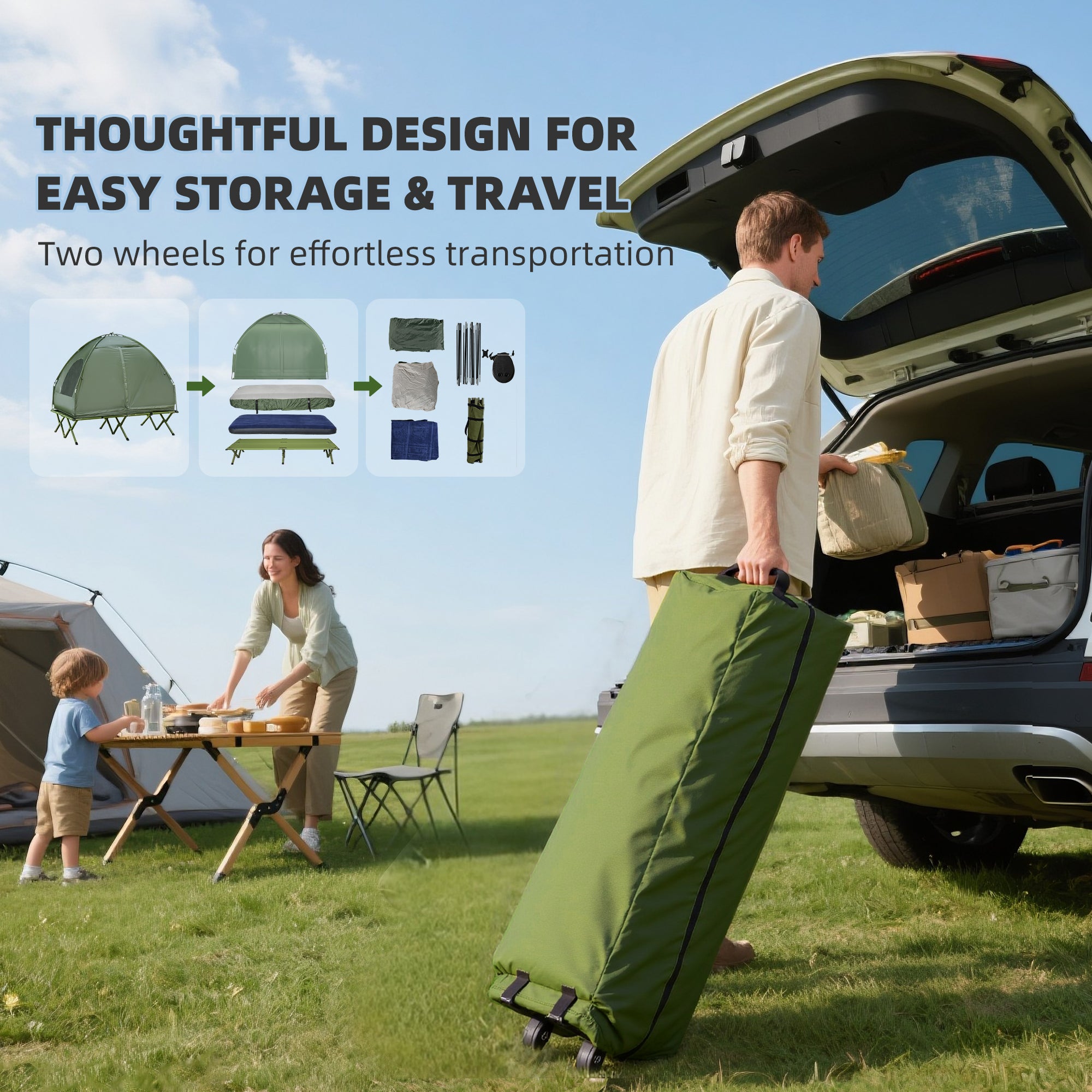 2-Person Tent Cot, 4-in-1 Elevated Camping Bed Combo with Air Mattress, Bed Cover, Foot Pump, Folding Off Ground Double Tent for Camping, Hiking, Backpacking