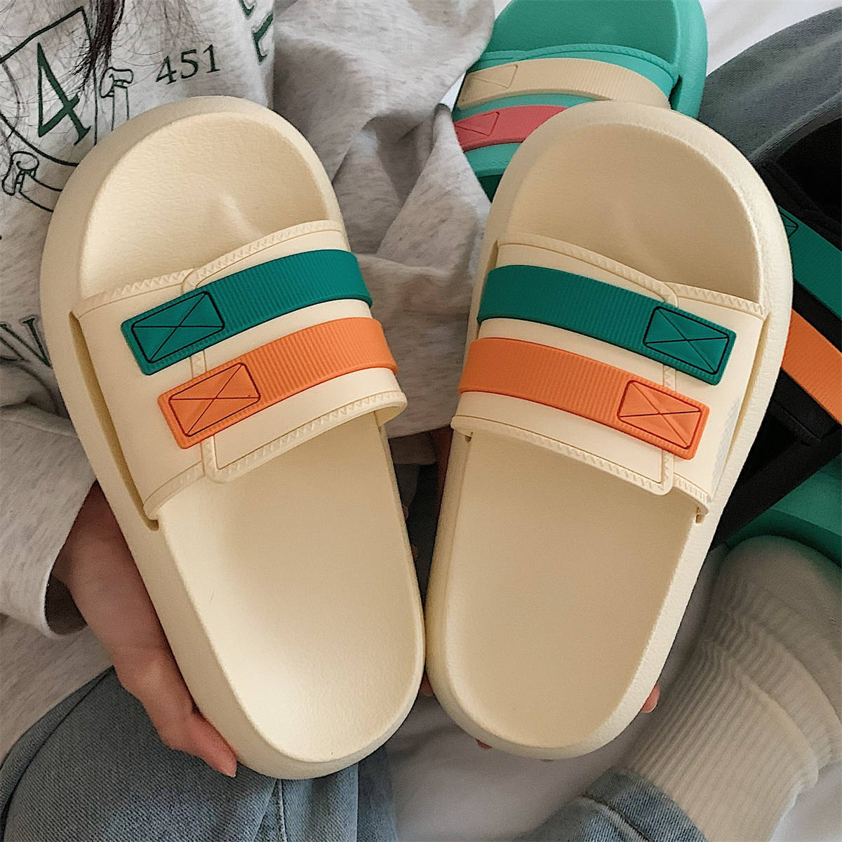 Fashion Outer Wear Thick-soled Striped Beach Shoes Women